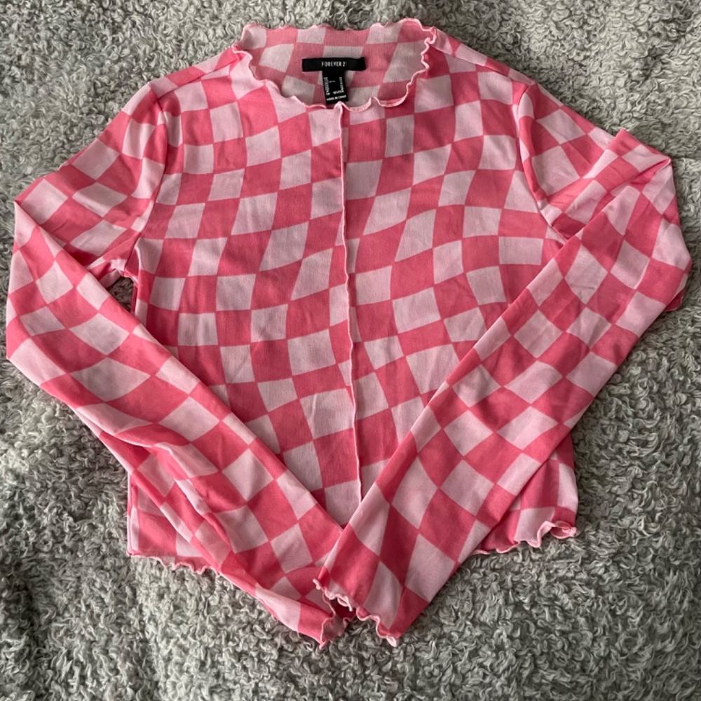 Forever 21 small pink checkered mesh sheer crop top